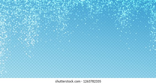 Magic stars sparse Christmas background. Subtle flying snow flakes and stars on transparent blue background. Admirable winter silver snowflake overlay template. Outstanding vector illustration.