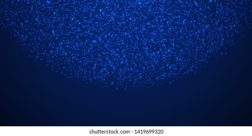 Magic stars sparse Christmas background. Subtle flying snow flakes and stars on winter sky background. Alive winter silver snowflake overlay template. Eminent vector illustration.