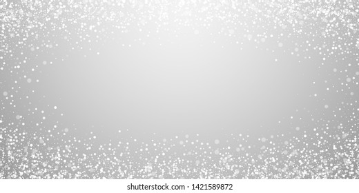 Magic stars sparse Christmas background. Subtle flying snow flakes and stars on light grey background. Bewitching winter silver snowflake overlay template. Divine vector illustration.