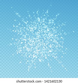 Magic stars sparse Christmas background. Subtle flying snow flakes and stars on blue transparent background. Bewitching winter silver snowflake overlay template. Lively vector illustration.