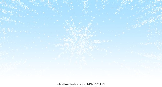 Magic stars sparse Christmas background. Subtle flying snow flakes and stars on winter sky background. Artistic winter silver snowflake overlay template. Amusing vector illustration.