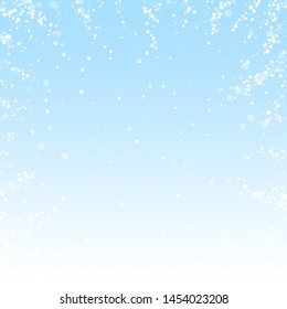 Magic stars sparse Christmas background. Subtle flying snow flakes and stars on winter sky background. Awesome winter silver snowflake overlay template. Wonderful vector illustration.