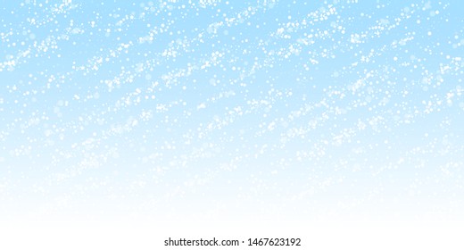 Magic stars sparse Christmas background. Subtle flying snow flakes and stars on night sky background. Admirable winter silver snowflake overlay template. Fascinating vector illustration.