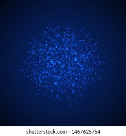 Magic stars sparse Christmas background. Subtle flying snow flakes and stars on dark blue night background. Beauteous winter silver snowflake overlay template. Gorgeous vector illustration.