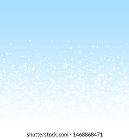Magic stars sparse Christmas background. Subtle flying snow flakes and stars on winter sky background. Awesome winter silver snowflake overlay template. Memorable vector illustration.
