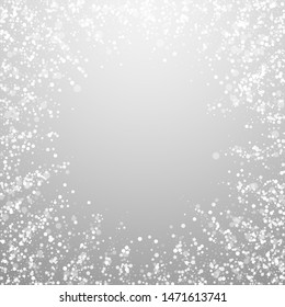 Magic stars sparse Christmas background. Subtle flying snow flakes and stars on light grey background. Amazing winter silver snowflake overlay template. Surprising vector illustration.