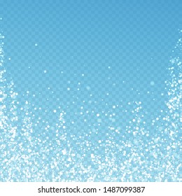 Magic stars sparse Christmas background. Subtle flying snow flakes and stars on blue transparent background. Admirable winter silver snowflake overlay template. Posh vector illustration.