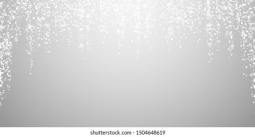 Magic stars sparse Christmas background. Subtle flying snow flakes and stars on light grey background. Attractive winter silver snowflake overlay template. Fancy vector illustration.