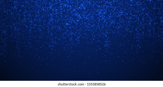 Magic stars sparse Christmas background. Subtle flying snow flakes and stars on winter sky background. Actual winter silver snowflake overlay template. Dramatic vector illustration.