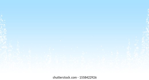 Magic stars sparse Christmas background. Subtle flying snow flakes and stars on winter sky background. Authentic winter silver snowflake overlay template. Bizarre vector illustration.