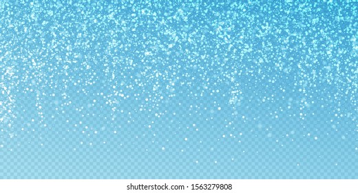 Magic stars sparse Christmas background. Subtle flying snow flakes and stars on transparent blue background. Actual winter silver snowflake overlay template. Divine vector illustration.