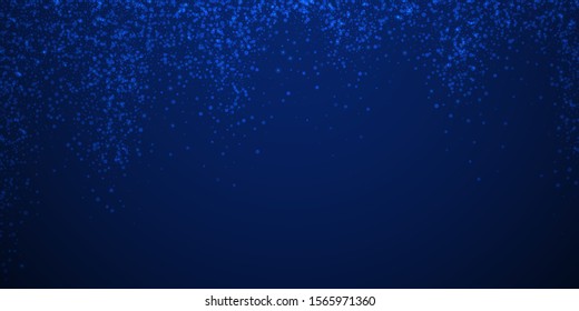 Magic stars sparse Christmas background. Subtle flying snow flakes and stars on dark blue night background. Awesome winter silver snowflake overlay template. Fresh vector illustration.