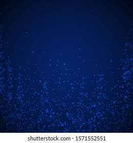 Magic stars sparse Christmas background. Subtle flying snow flakes and stars on dark blue night background. Admirable winter silver snowflake overlay template. Positive vector illustration.