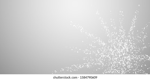 Magic stars sparse Christmas background. Subtle flying snow flakes and stars on light grey background. Artistic winter silver snowflake overlay template. Splendid vector illustration.
