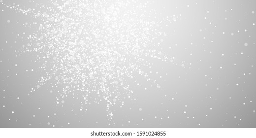 Magic stars sparse Christmas background. Subtle flying snow flakes and stars on light grey background. Astonishing winter silver snowflake overlay template. Vibrant vector illustration.
