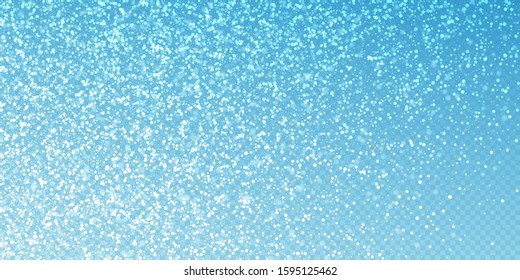 Magic stars sparse Christmas background. Subtle flying snow flakes and stars on transparent blue background. Alive winter silver snowflake overlay template. Actual vector illustration.