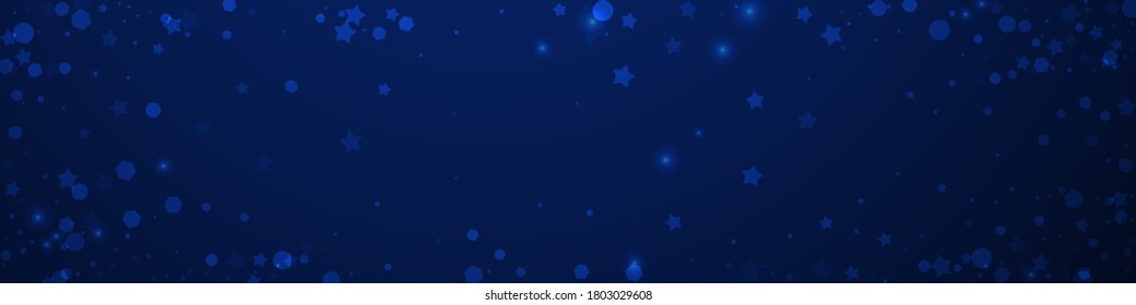 Magic stars sparse Christmas background. Subtle flying snow flakes and stars on dark blue background. Captivating winter silver snowflake overlay template. Curious panoramic illustration.