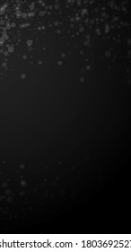 Magic stars sparse Christmas background. Subtle flying snow flakes and stars on black background. Alluring winter silver snowflake overlay template. Noteworthy vertical illustration.