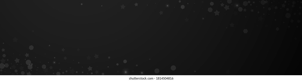 Magic stars sparse Christmas background. Subtle flying snow flakes and stars on black background. Bizarre winter silver snowflake overlay template. Valuable panoramic illustration.