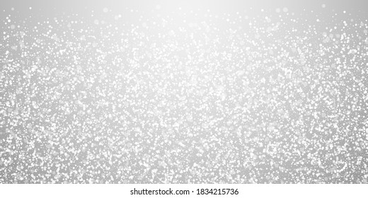 Magic stars sparse Christmas background. Subtle flying snow flakes and stars on light grey background. Adorable winter silver snowflake overlay template. Radiant vector illustration.