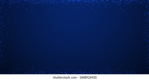 Magic stars sparse Christmas background. Subtle flying snow flakes and stars on dark blue night background. Awesome winter silver snowflake overlay template. Unique vector illustration.