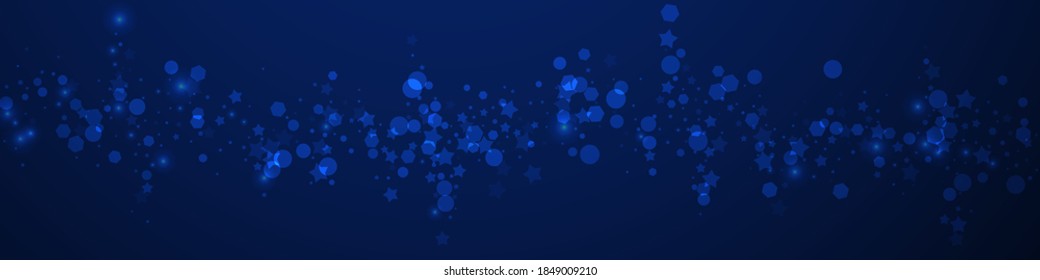 Magische Sterne spärlichen Weihnachtshintergrund. Subtile fliegende Schneeflocken und Sterne auf dunkelblauem Hintergrund. Atemberaubende Winterschneeflocke. Ansprechende Panoramabildung.