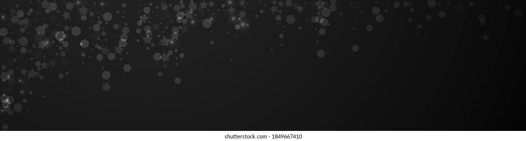 Magic stars sparse Christmas background. Subtle flying snow flakes and stars on black background. Bold winter silver snowflake overlay template. Classy panoramic illustration.