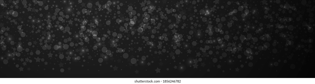Las estrellas mágicas brillan por su ausencia. Sutiles copos de nieve volando y estrellas de fondo negro. Brillante plantilla de overlay de copos de nieve de plata de invierno. Interesante ilustración panorámica.
