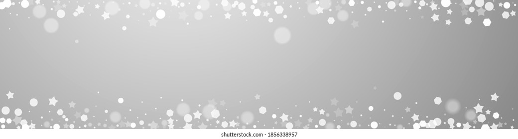 Magic stars sparse Christmas background. Subtle flying snow flakes and stars on grey background. Bizarre winter silver snowflake overlay template. Incredible panoramic illustration.