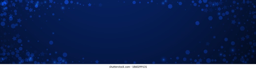 Magic stars sparse Christmas background. Subtle flying snow flakes and stars on dark blue background. Brilliant winter silver snowflake overlay template. Worthy panoramic illustration.