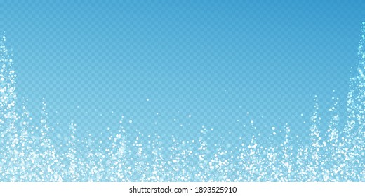 Magic stars sparse Christmas background. Subtle flying snow flakes and stars on transparent blue background. Actual winter silver snowflake overlay template. Stunning vector illustration.