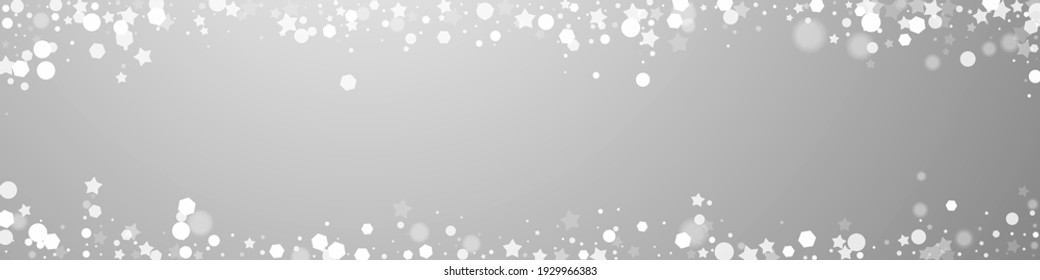 Magic stars sparse Christmas background. Subtle flying snow flakes and stars on grey background. Breathtaking winter silver snowflake overlay template. Great panoramic illustration.
