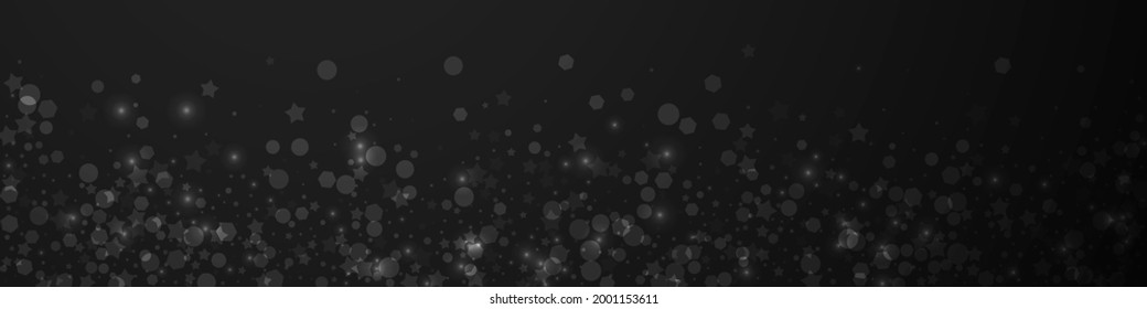 Magic stars sparse Christmas background. Subtle flying snow flakes and stars on black background. Breathtaking winter silver snowflake overlay template. Dramatic panoramic illustration.