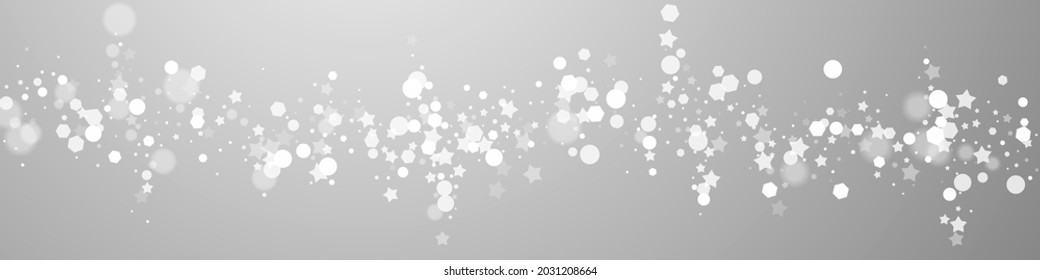 Magic stars sparse Christmas background. Subtle flying snow flakes and stars on grey background. Breathtaking winter silver snowflake overlay template. Artistic panoramic illustration.
