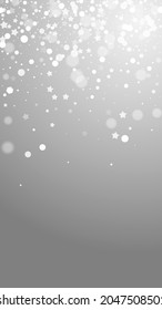Las estrellas mágicas brillan por su ausencia. Sutiles copos de nieve volando y estrellas de fondo gris. Atractiva plantilla de superposición de copos de nieve de plata de invierno. Ilustración vertical fresca.