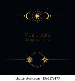 Magic stars. Vector design elements. Golden stars, moons, lines on black background