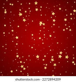 Magic stars vector overlay.  Gold stars scattered around randomly, falling down, floating.  Chaotic dreamy childish overlay template. Vector magic overlay  on red background.