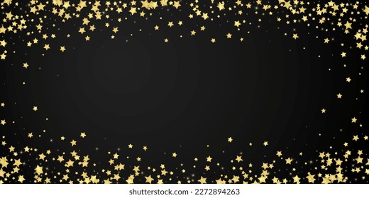 Magic stars vector overlay.  Gold stars scattered around randomly, falling down, floating.  Chaotic dreamy childish overlay template. Enchanting vector with magic stars on black background.
