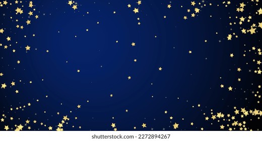 Magic stars vector overlay.  Gold stars scattered around randomly, falling down, floating.  Chaotic dreamy childish overlay template. Vector magic overlay  on dark blue background.
