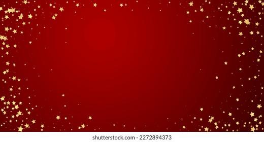 Magic stars vector overlay.  Gold stars scattered around randomly, falling down, floating.  Chaotic dreamy childish overlay template. Enchanting vector with magic stars on red background.