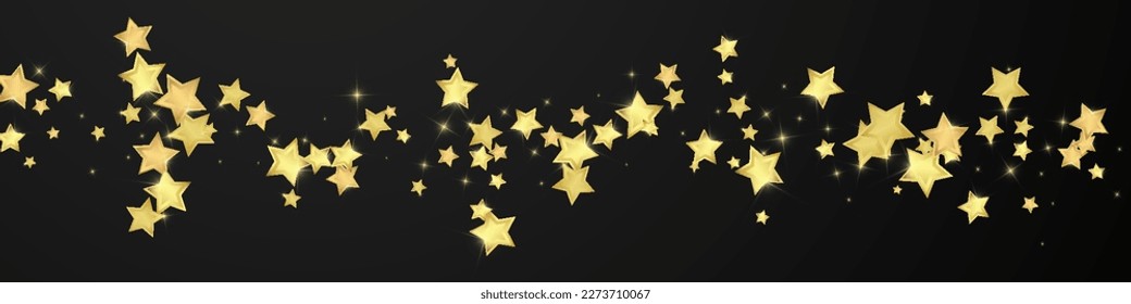 Magic stars vector overlay.  Gold stars scattered around randomly, falling down, floating.  Chaotic dreamy childish overlay template. Enchanting vector with magic stars on black background.