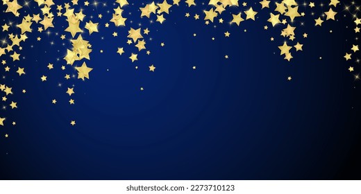 Magic stars vector overlay.  Gold stars scattered around randomly, falling down, floating.  Chaotic dreamy childish overlay template. on dark blue background.