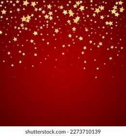 Magic stars vector overlay.  Gold stars scattered around randomly, falling down, floating.  Chaotic dreamy childish overlay template. Miraculous starry night vector  on red background.