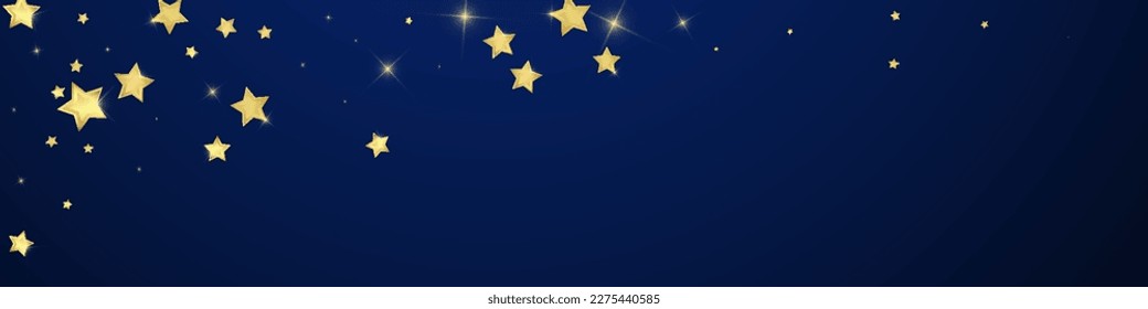 Magic stars vector overlay.  Gold stars scattered around randomly, falling down, floating.  Chaotic dreamy childish overlay template. Vector fairytale  on dark blue background.