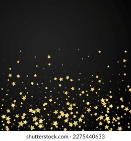 Magic stars vector overlay.  Gold stars scattered around randomly, falling down, floating.  Chaotic dreamy childish overlay template. Vector fairytale  on black background.