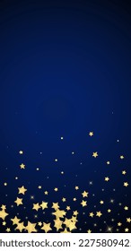 Magic stars vector overlay.  Gold stars scattered around randomly, falling down, floating.  Chaotic dreamy childish overlay template. on dark blue background.