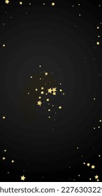 Magic stars vector overlay.  Gold stars scattered around randomly, falling down, floating.  Chaotic dreamy childish overlay template. Enchanting vector with magic stars on black background.