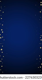 Magic stars vector overlay.  Gold stars scattered around randomly, falling down, floating.  Chaotic dreamy childish overlay template. on dark blue background.