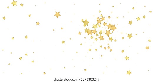 Superposición vectorial de las estrellas mágicas.  Estrellas de oro dispersas al azar, cayendo, flotando.  Una plantilla de superposición infantil de ensueño caótico. Superposición mágica vectorial sobre fondo blanco.
