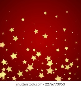 Magic stars vector overlay.  Gold stars scattered around randomly, falling down, floating.  Chaotic dreamy childish overlay template. on red background.